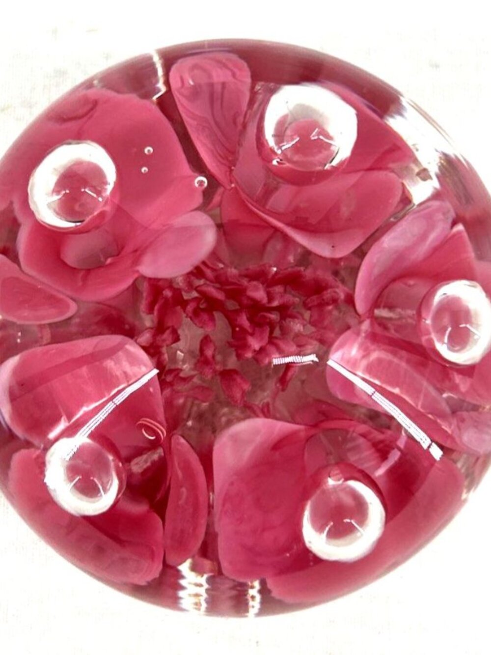 Joe St Clair 1979 Glass Paperweight 2.75" Pink Clear Floral Bubbles